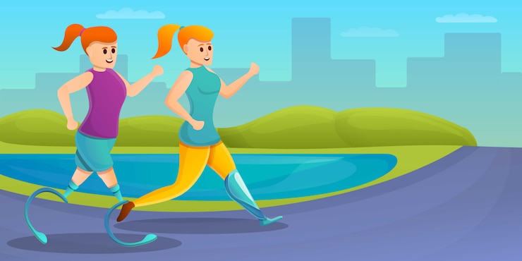 Vector chica corriendo banner de concepto de extremidades artificiales, estilo de dibujos animados