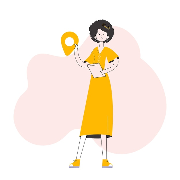 Chica Courier sosteniendo tableta y etiqueta de geolocalización Estilo de arte lineal Vector