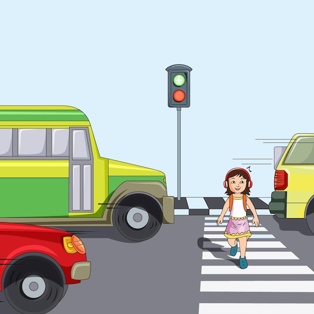 Vector chica cruzando la calle con el uso de ilustración vectorial gráfica de auriculares