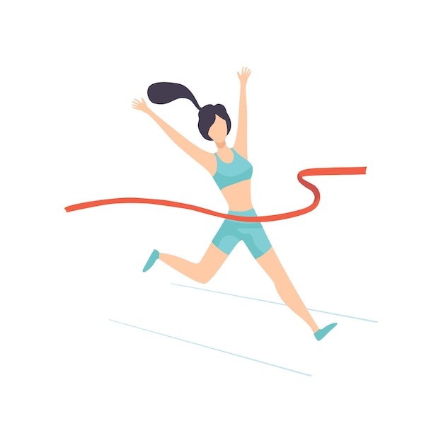 Chica cruzando la línea de meta deportista profesional personaje ilustración vectorial sobre fondo blanco