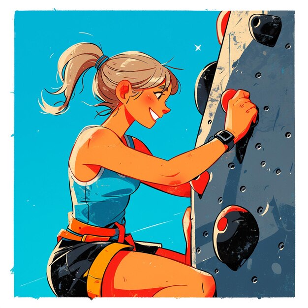 Vector una chica de denver sube a una pared de rocas al estilo de dibujos animados