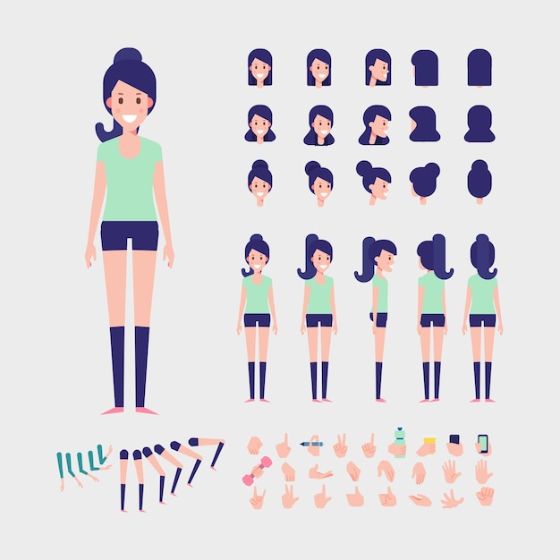 Chica deportiva de fitness para animación Gimnasio de entrenamiento Vector de vista frontal lateral posterior