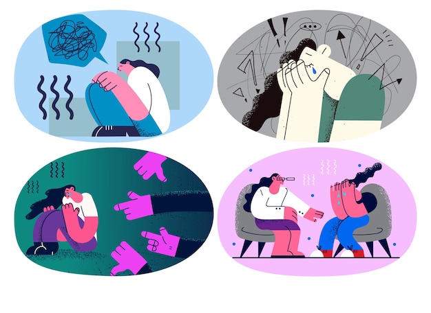 Chica deprimida llora deprime lucha contra la intimidación o el acoso tiene problemas o trastornos mentales psicológicos. Mujer infeliz estresada con depresión o ansiedad. Personaje de dibujos animados plano. Colocar.
