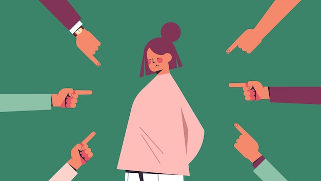 Chica deprimida rodeada de manos dedos burlándose señalando su concepto de discriminación de desigualdad de acoso