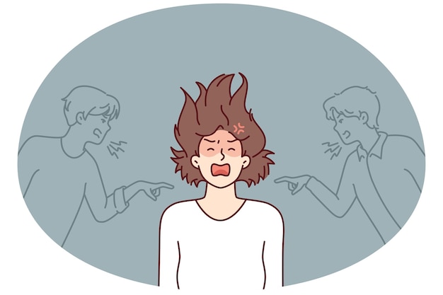 Una chica deprimida tiene un ataque de pánico y grita después de insultar a dos tipos. imagen vectorial