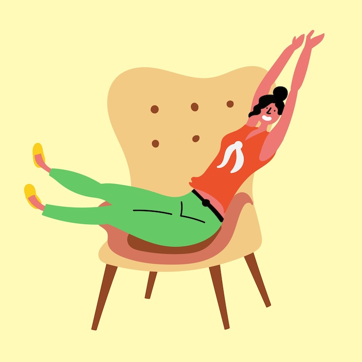 Vector chica descansando silla estirando el cuerpo