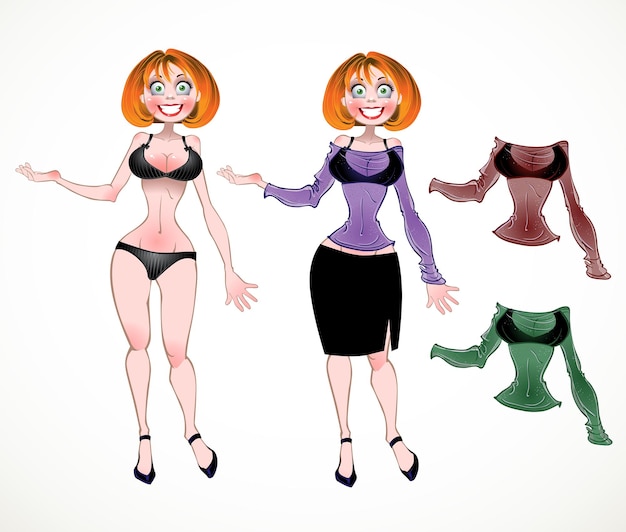 Chica desnuda con conjunto de blusa de diferentes colores