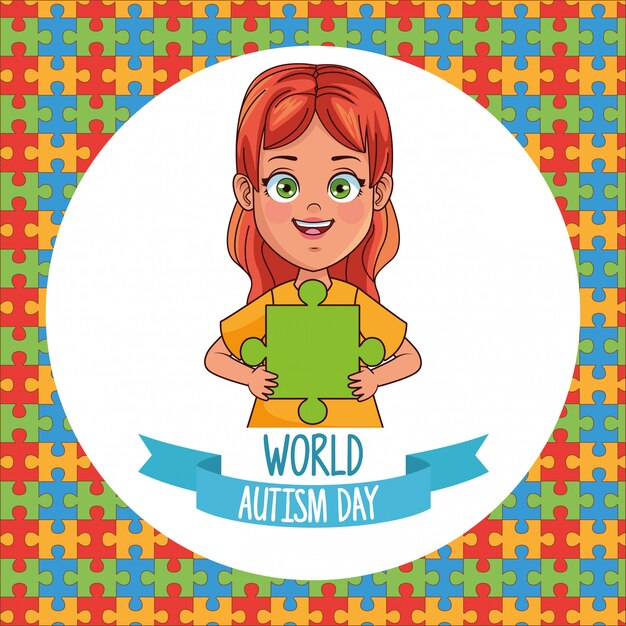 Chica del día mundial del autismo con piezas de rompecabezas, diseño de ilustraciones vectoriales