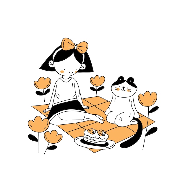 Chica dibujada a mano con gato en el picnic esquema dibujado a mano ilustración en estilo garabato