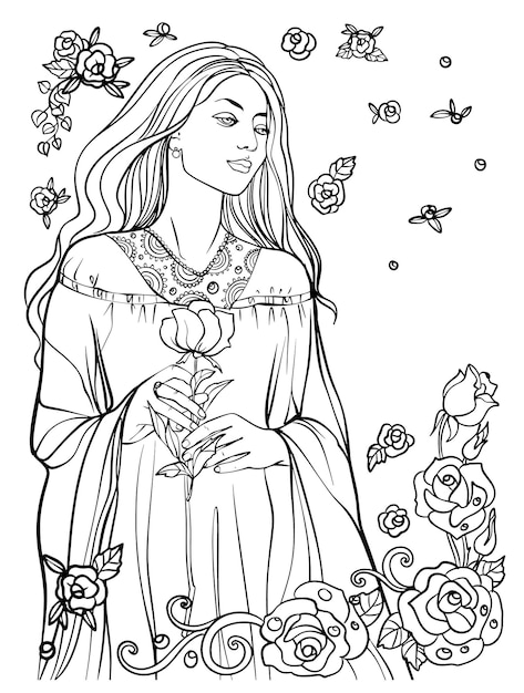 Chica con un dibujo vectorial lineal en blanco y negro de rosa. Para libros de colorear. Ilustración elegante.