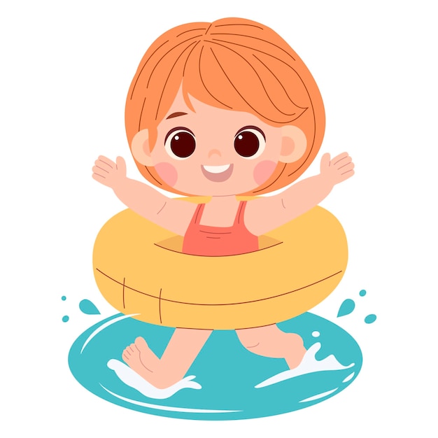Chica de dibujos animados con un anillo flotante en un traje de baño lila jugando en el agua sobre un fondo blanco aislado Imprime para camiseta para niños Ilustración vectorial de concepto