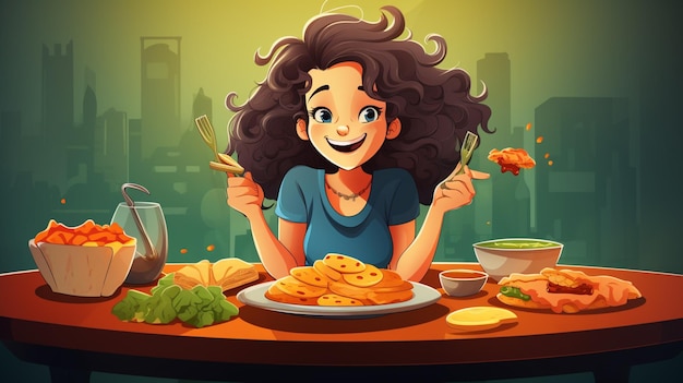 Vector una chica de dibujos animados con cabello largo se sienta en una mesa con un plato de comida y una taza de café