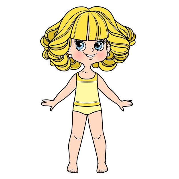 Chica de dibujos animados con cabello rizado corto y exuberante vestida con ropa interior y descalza variación de color para página de colorear
