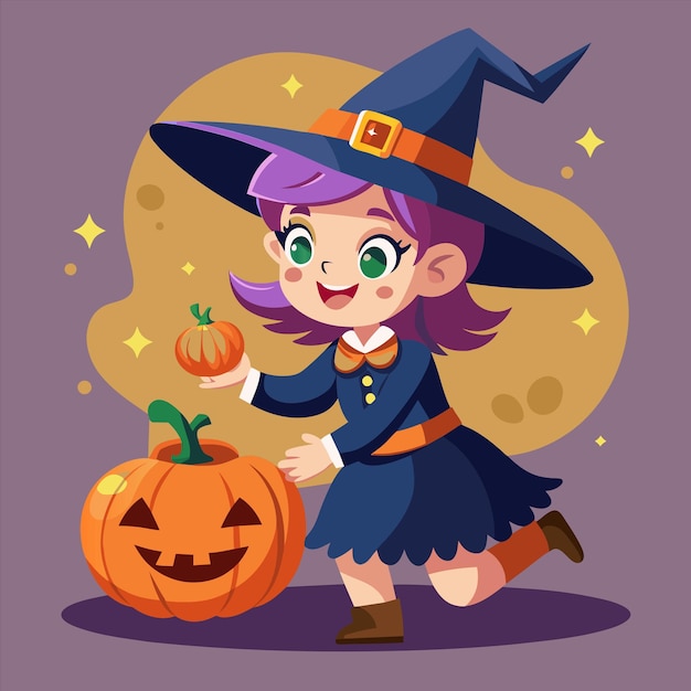 una chica de dibujos animados con una calabaza y una bruja en el fondo