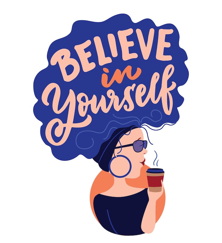 Vector chica de dibujos animados y cita la frase cree en ti misma reina con café para diseños del día de la niña