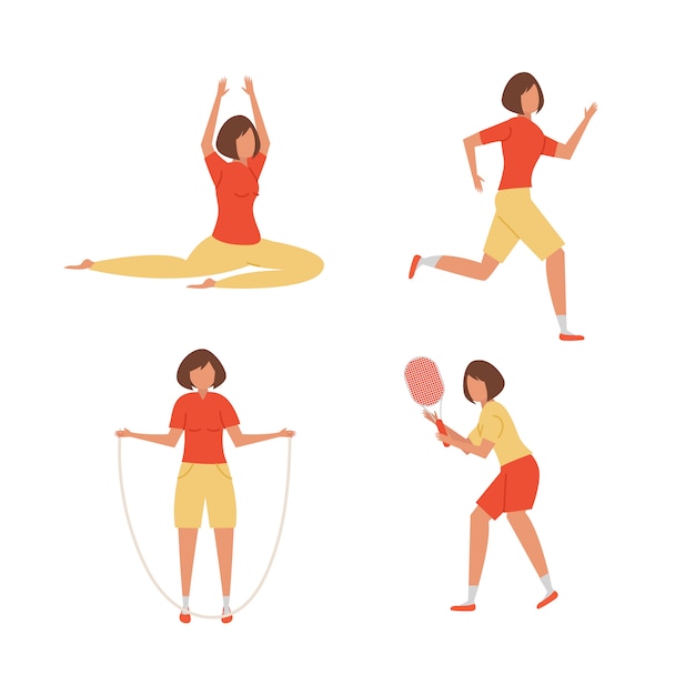 Chica de dibujos animados en diferentes poses haciendo deportes.