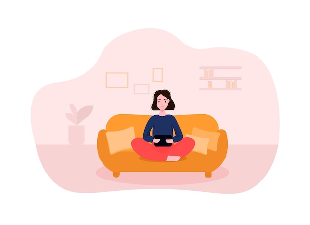 Chica de dibujos animados enviando mensajes de texto en una tableta sentada en posición de loto en el sofá en casa Estilo de vida urbano moderno Entorno digital contemporáneo Ilustración vectorial