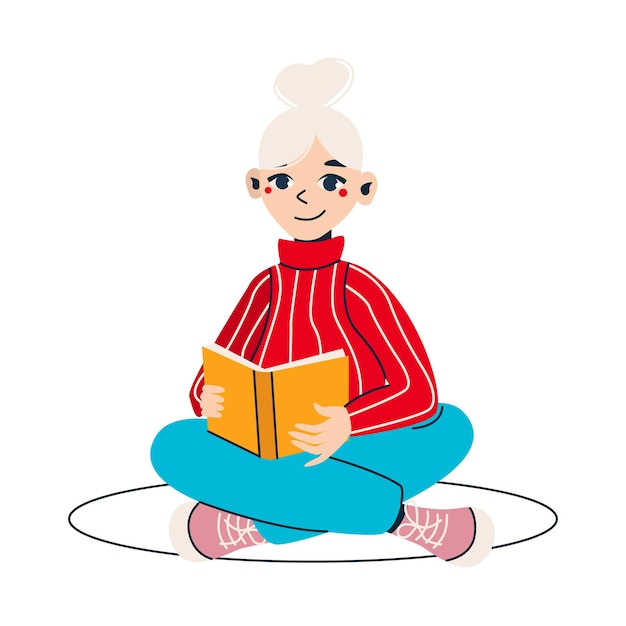 Chica de dibujos animados está leyendo un libro Linda rubia Conjunto de ilustraciones vectoriales