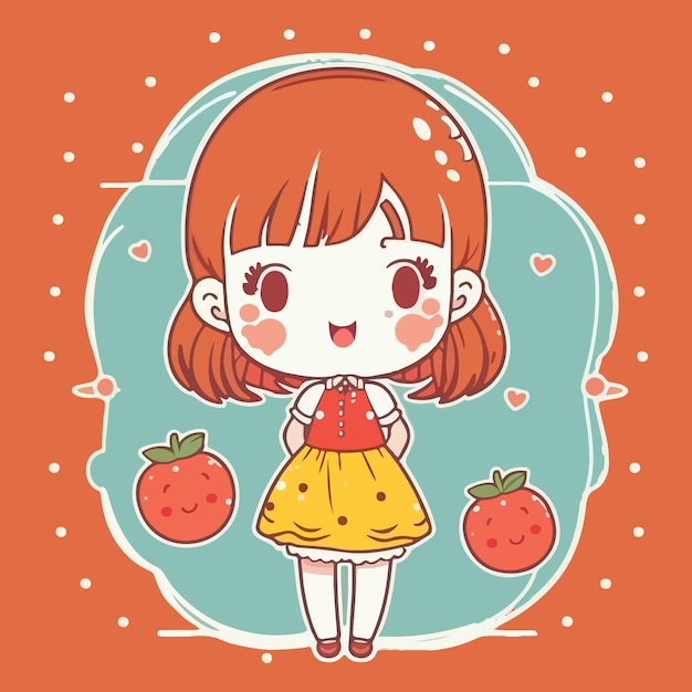 Chica de dibujos animados con una fruta sobre un fondo naranja.