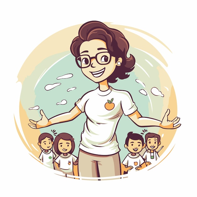 Vector chica de dibujos animados con gafas y grupo de niños ilustración vectorial