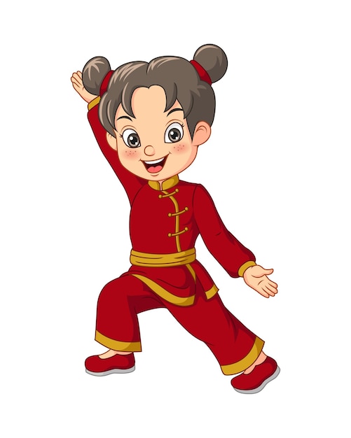 Chica de dibujos animados haciendo ejercicio físico wushu