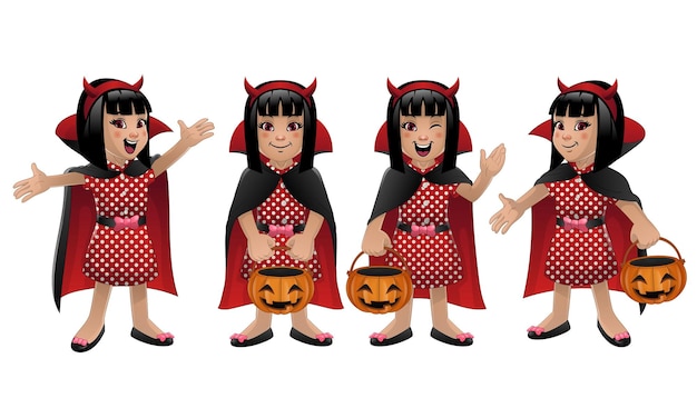 Chica de dibujos animados de halloween con disfraz de diablo