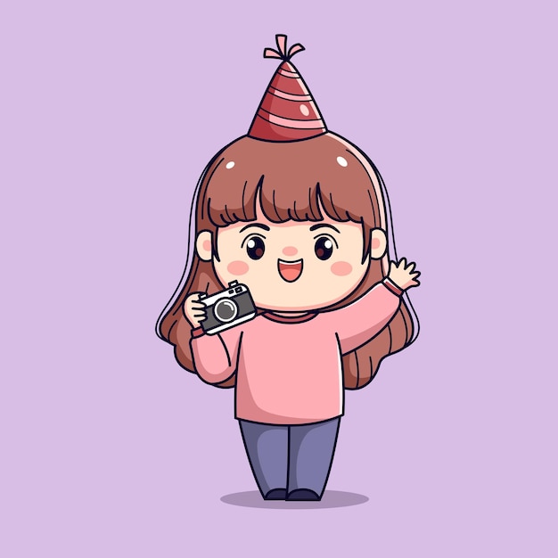 Chica de dibujos animados linda celebrando el año nuevo o la fiesta de cumpleaños chibi kawaii