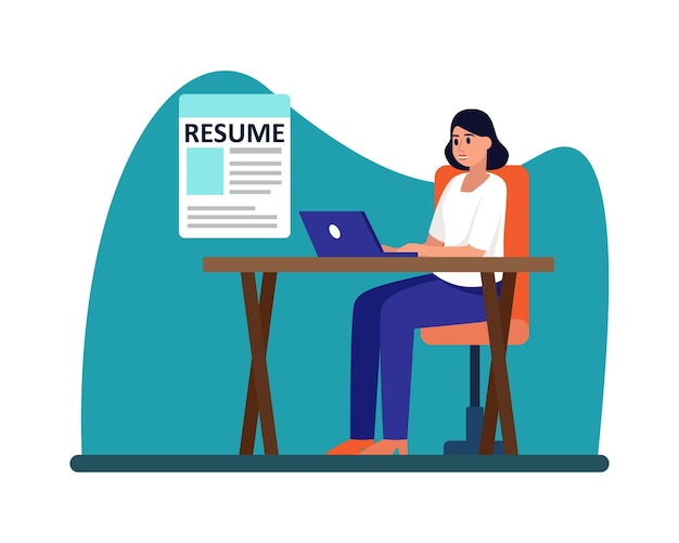 Chica de dibujos animados llena currículum para trabajo en línea en una computadora portátil Proceso de selección de currículums y entrevistas de empleo Gestión de recursos humanos Ilustración vectorial