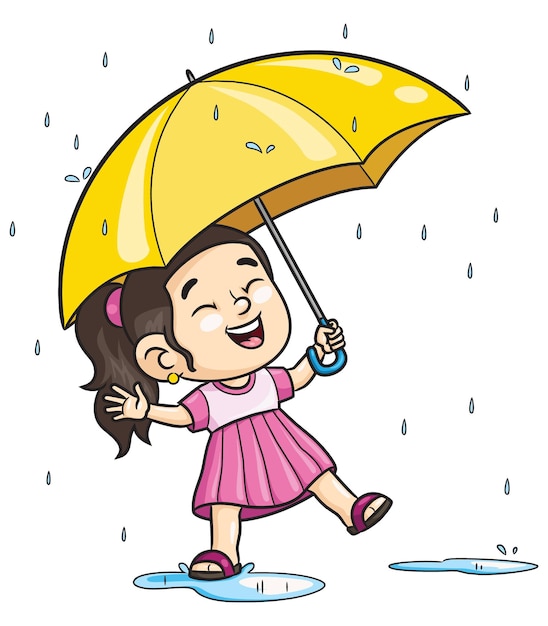 Vector chica de dibujos animados con paraguas bajo la lluvia