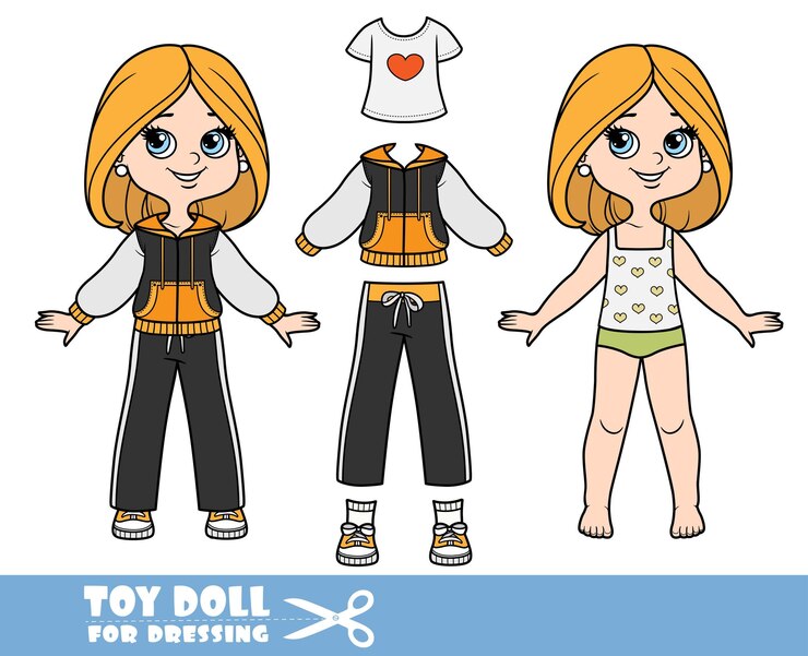 Vector chica de dibujos animados con peinado bob en ropa interior vestida y ropa por separado en un chándal de camiseta blanca y una muñeca de zapatillas para vestirse