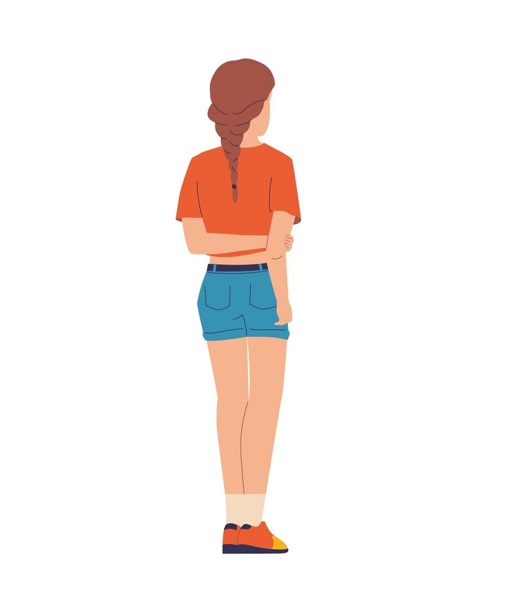 Vector chica de dibujos animados de pie con su espalda linda mujer joven en pantalones cortos casuales y camiseta adolescente aislado solo tomados de la mano detrás del personaje femenino admirando mirando hacia adelante vector persona posando