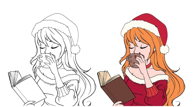 Chica de dibujos animados en ropa de navidad leyendo un libro y tomando café