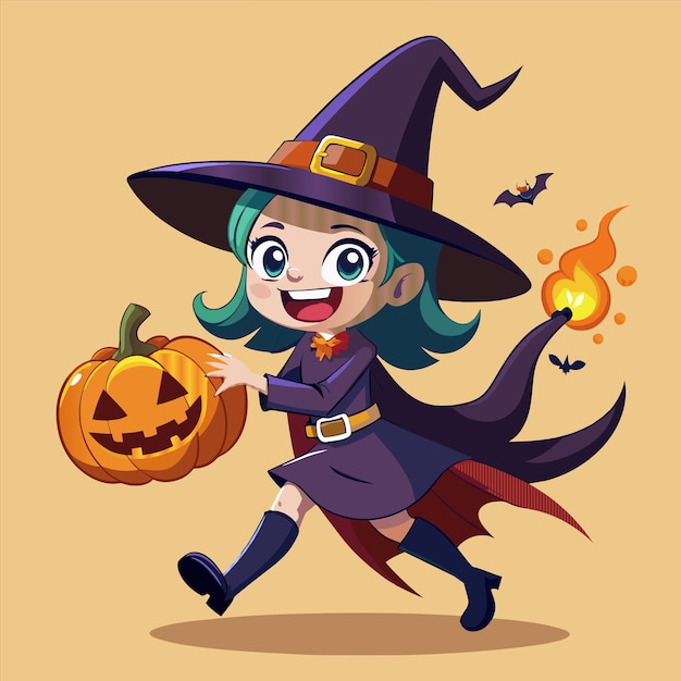 una chica de dibujos animados con un sombrero de bruja y una calabaza con una calabaca en él