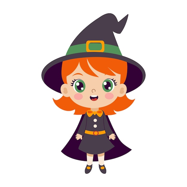 Una chica de dibujos animados con un sombrero de bruja y un vestido negro