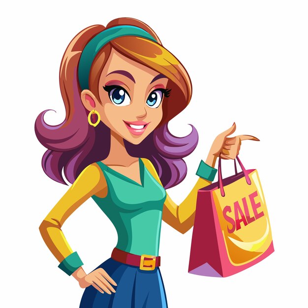 Una chica de dibujos animados sonriente con una camisa verde y una falda azul sostiene una bolsa de compras con la palabra quotSALEquot escrita en ella