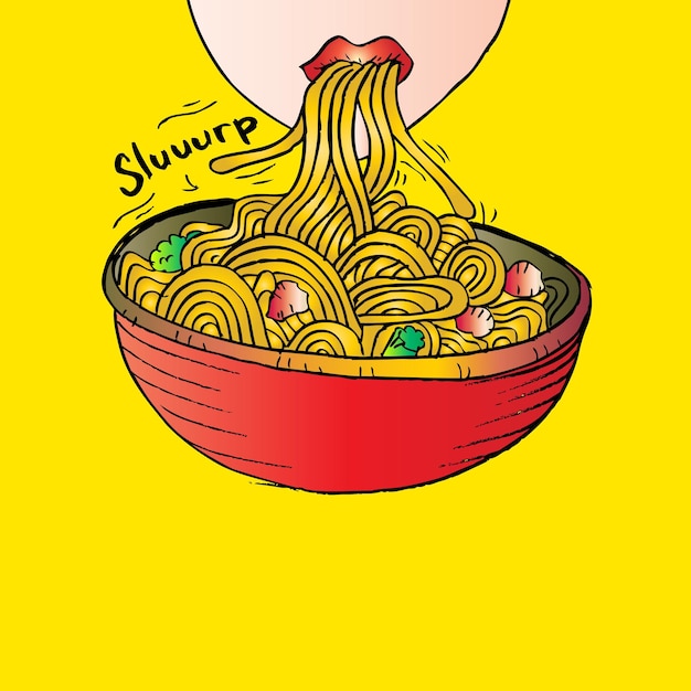 Chica de dibujos animados sorbiendo fideos