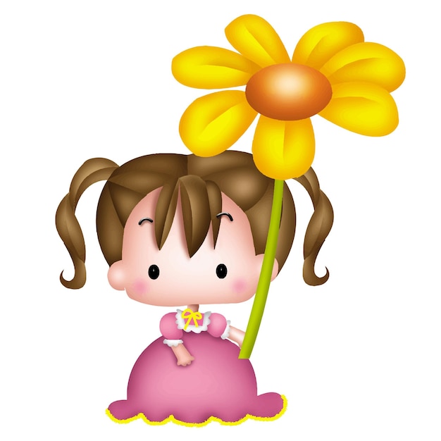 Vector chica de dibujos animados sosteniendo flores personaje muñeca dulce modelo emoción ilustración dibujando