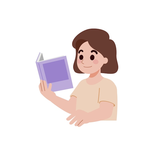 Chica de dibujos animados vectorial de color sentada y leyendo un libro