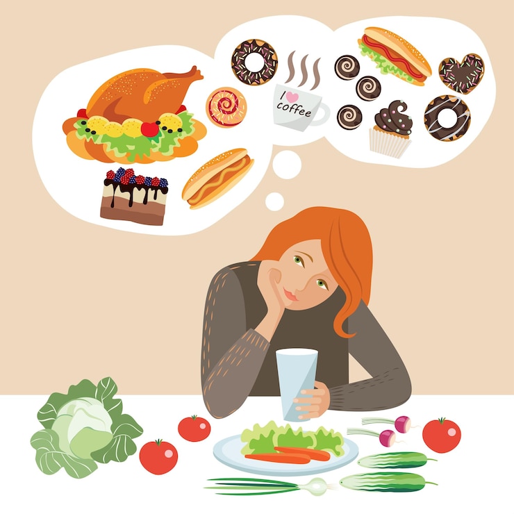 Vector chica a dieta sueña con grasa dulce y harina.