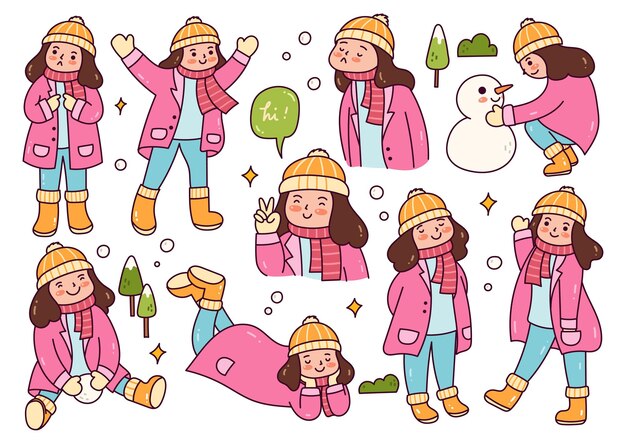 Chica en diferentes poses jugando a la nieve afuera