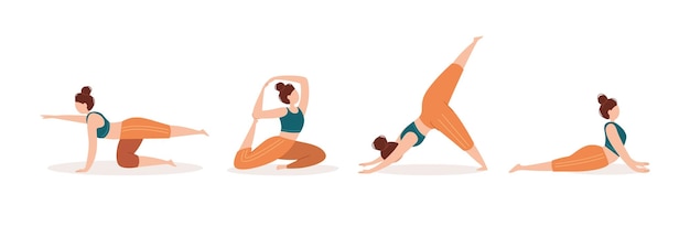 Vector una chica en diferentes poses de yoga deportes y yoga en casa un conjunto de personas planas sobre un fondo blanco