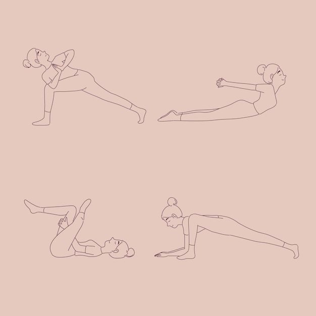 Chica en diferentes posturas de yoga en estilo de línea.