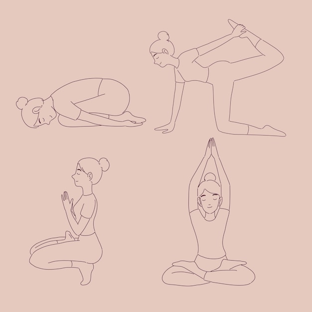 Chica en diferentes posturas de yoga en estilo de línea.