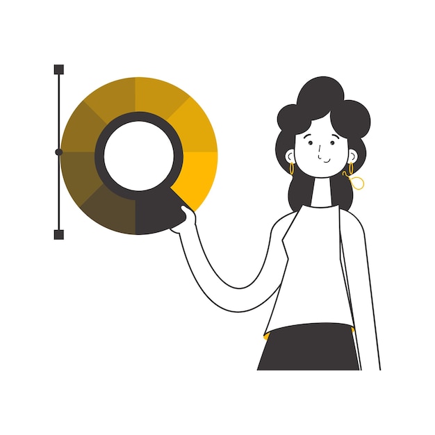 Chica diseñadora sostiene una rueda de color en sus manos Estilo de arte lineal Aislado sobre fondo blanco Ilustración vectorial