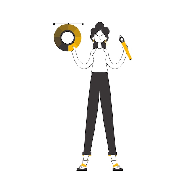 Chica diseñadora sostiene una rueda de color en sus manos Estilo moderno lineal Ilustración vectorial aislada