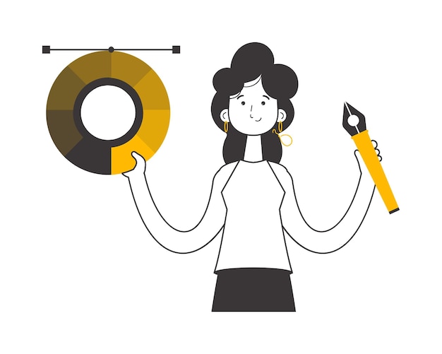 Chica diseñadora sostiene una rueda de color en sus manos Líneas estilo moderno aislado sobre fondo blanco Ilustración vectorial