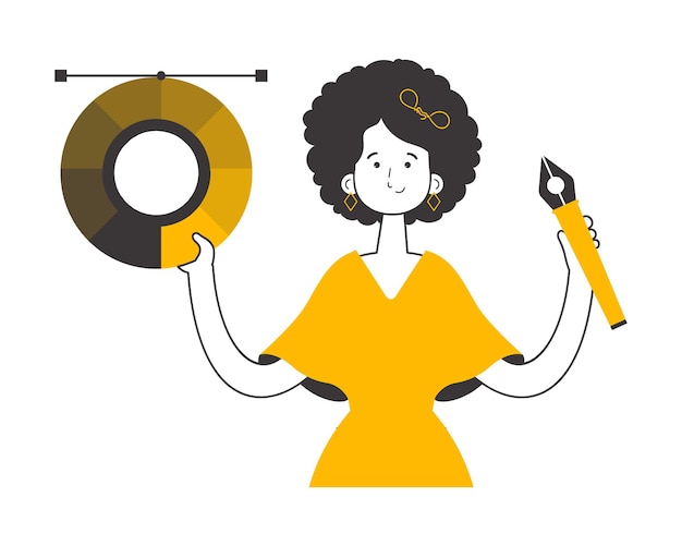 Chica diseñadora sostiene una rueda de color en sus manos Líneas estilo moderno aislado sobre fondo blanco Vector