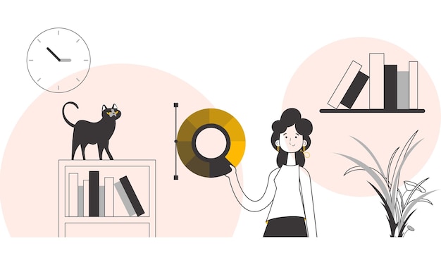 Chica diseñadora sostiene una rueda de color en sus manos Líneas de estilo moderno Vector