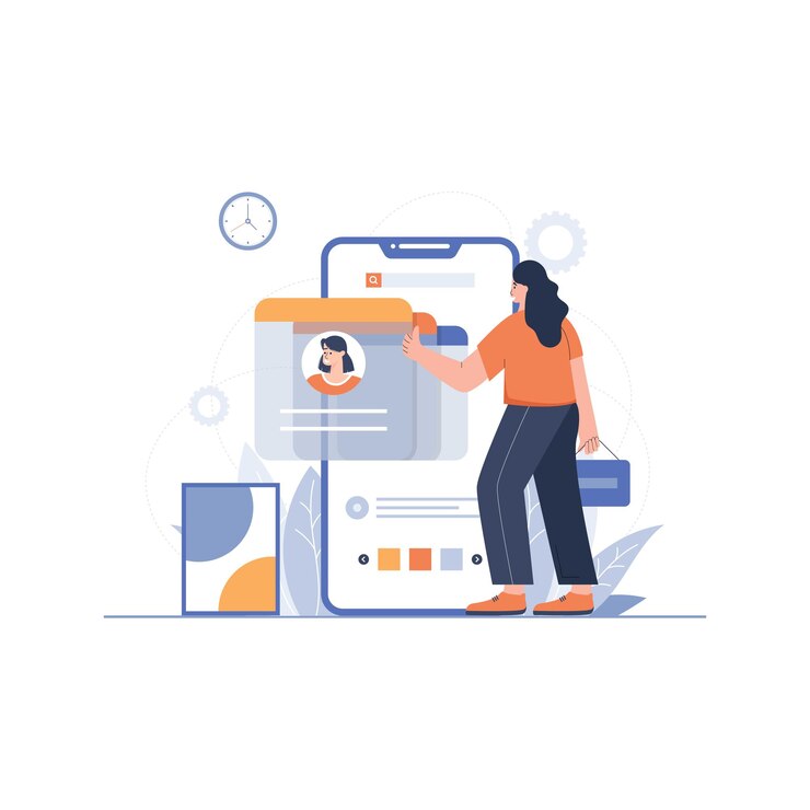 Vector chica diseñando el diseño para la ilustración del concepto de aplicación móvil