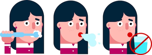 Chica de diseño vectorial cepillándose los dientes, escupiendo y sin enjuagar después de cepillarse